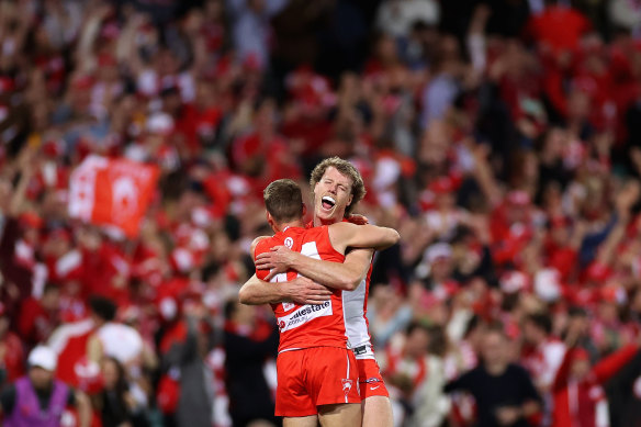 Sydney’s Jake Lloyd and Nick Blakey celebrate their preliminary final win over Collingwood.