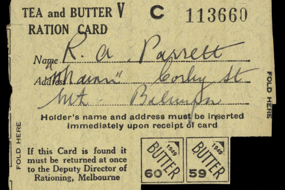 Brown cardboard ration card dated 1949 for tea and butter, issued to R.A. Parrett of Balwyn North.