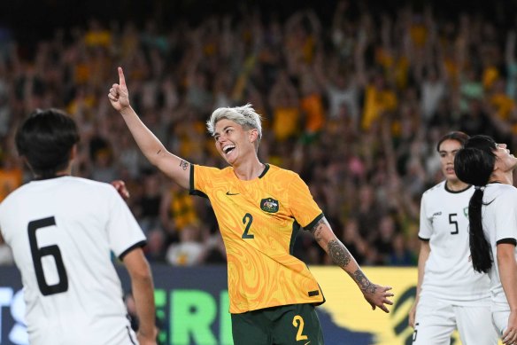 Michelle Heyman celebrates a goal for the Matildas.