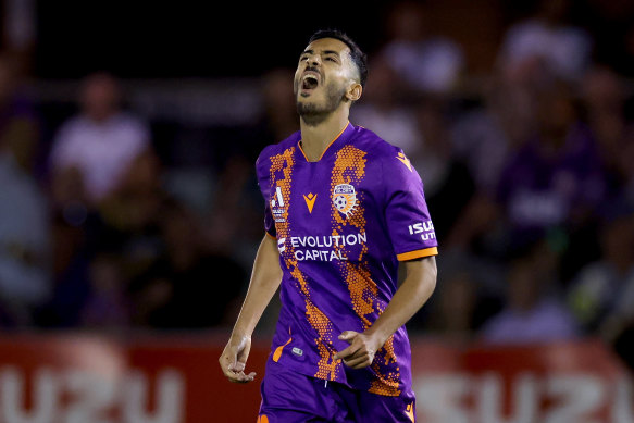 Khelifi reacts after a missed goal opportunity during the A-League Men’s match between the Glory and Western Sydney Wanderers at Macedonia Park in Perth, Friday, January 6, 2023. 