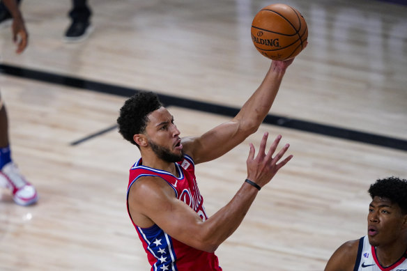Ben Simmons in action against the Wizards before he left the game with a knee injury.