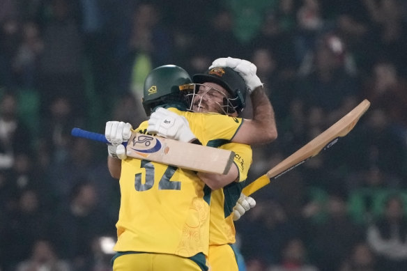 Australia’s Josh Inglis is congratulated by teammate Glenn Maxwell after scoring century.