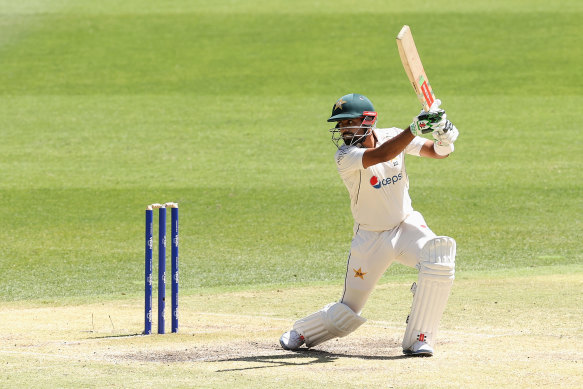 Babar Azam hits through the offside during the Perth Test. Pakistan need to play with more positive intent in Melbourne, says Greg Chappell. 