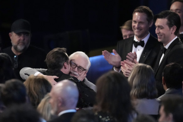 Kieran Culkin, left, embraces Brian Cox he wins an Emmy for his work in Succession this week.
