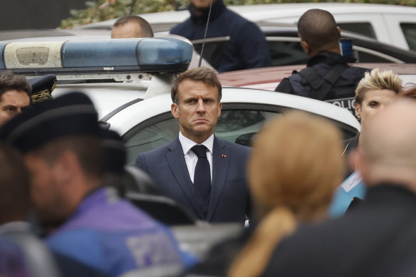 French President Emmanuel Macron arrives at the Gambetta high school in Arras, 