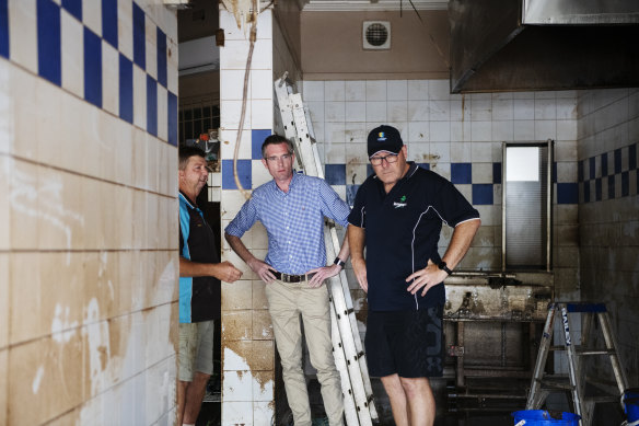 NSW Premier Dominic Perrottet, pictured with Lismore Mayor Steve Krieg, visits Southside Hot Bread bakery in South Lismore after severe flooding devastated the northern NSW town.