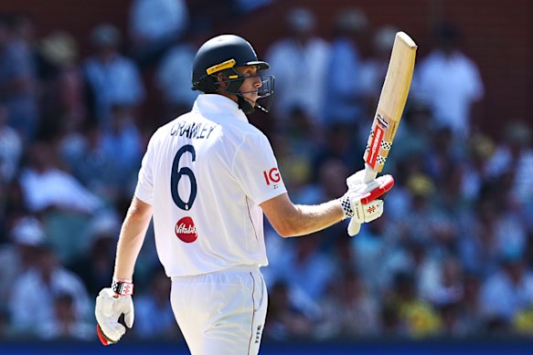 Zak Crawley raises his bat for a half century on day four.