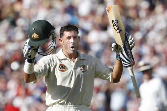Michael Hussey celebrates a fifth Test hundred at The Oval in 2009.