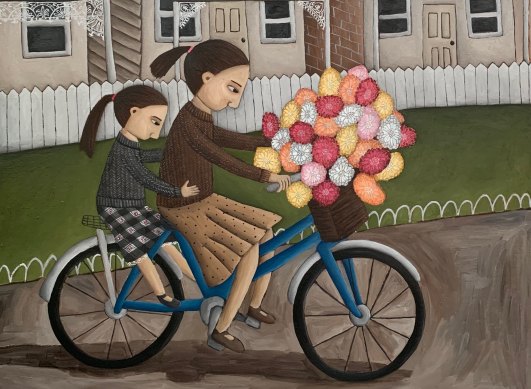 A Basket of Joy (detail), by Therese Shanley, depicts the artist and her daughter on a pushbike, riding past their home in Beechworth. The flowers in the basket are a nod to her late mother.