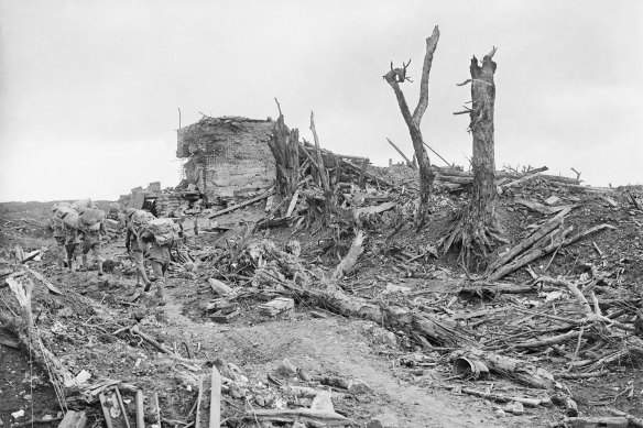Australian soldiers amid the devastation of Pozieres.
