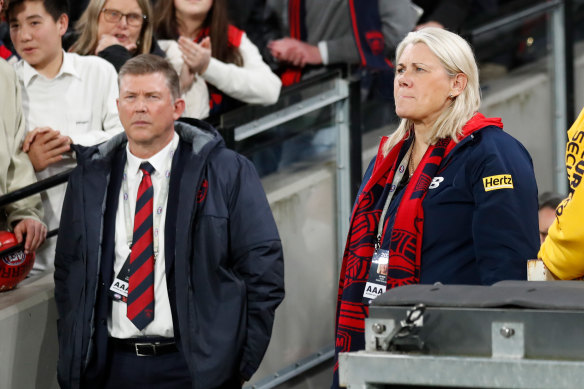 Melbourne president Kate Roffey, pictured with CEO Gary Pert, came under fire for her interview with Gerard Whateley on Thursday