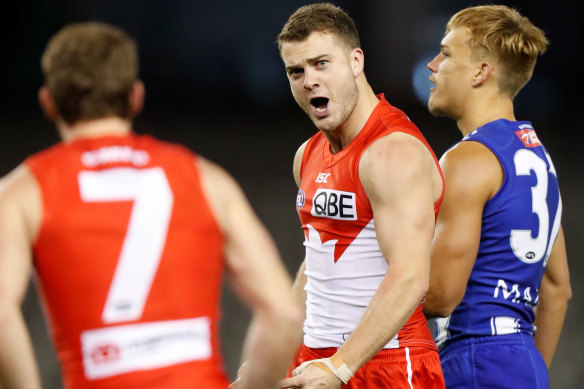 Sydney's Tom Papley celebrates a goal during the Swans' win against North Melbourne on Saturday.