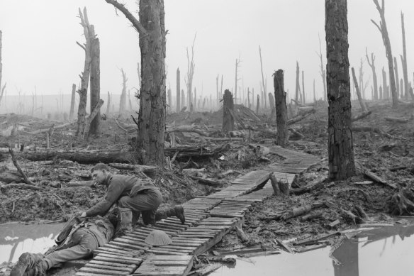 An Australian soldier tends a comrade in Chateau Wood on the Western Front in Belgium during  World War I.  