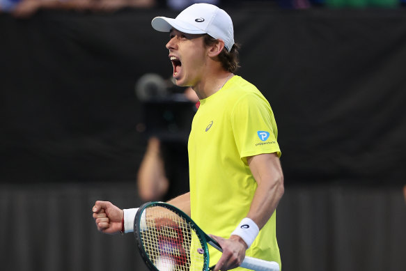 Alex De Minaur celebrates his United Cup win over Novak Djokovic in Perth on Wednesday.