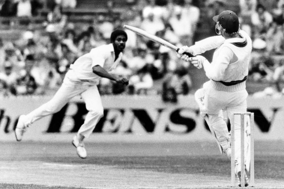 The man known as ‘Whispering Death’ sends one down to former Australian captain Kim Hughes in 1980.