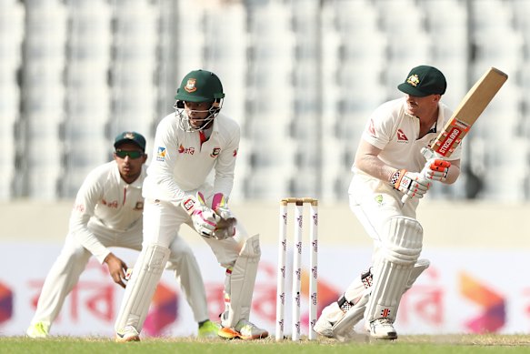 A rare Test match between Australia and Bangladesh in 2017. Dave Warner on his way to a century. 