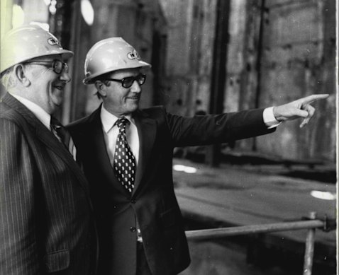Former premier Neville Wran travelled by old steam train to announce the Powerhouse Ultimo venture in 1979.