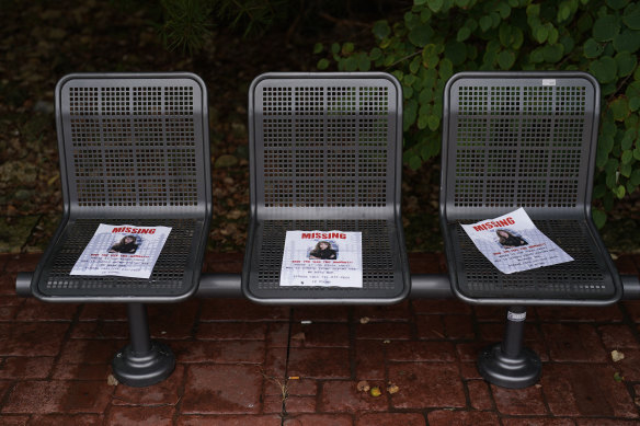 “Missing” fliers featuring Melania Trump’s photo appear on a bench outside Grand River Conference Centre in Dubuque, Iowa, ahead of a rally with former president Donald Trump in September.