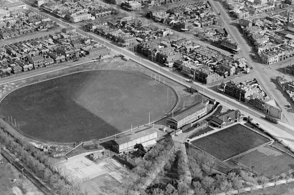 Aerial view of Brunswick Street Oval looking south-east c. 1925-40.
