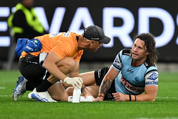 Nicho Hynes after the head knock that forced him out of Saturday night’s heavy loss to the Roosters.
