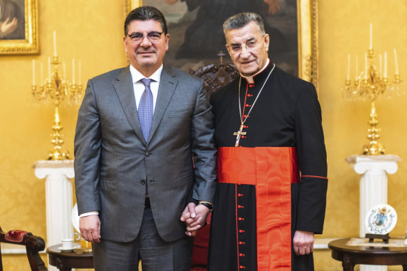 Maronite Patriarch Bechara Rai, right, poses for a photograph with Bahaa Hariri, the eldest son of slain former PM Rafik Hariri after their meeting in Rome, Italy, on Monday.
