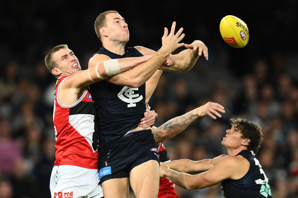 Harry McKay attempts to mark for the Blues on Sunday.