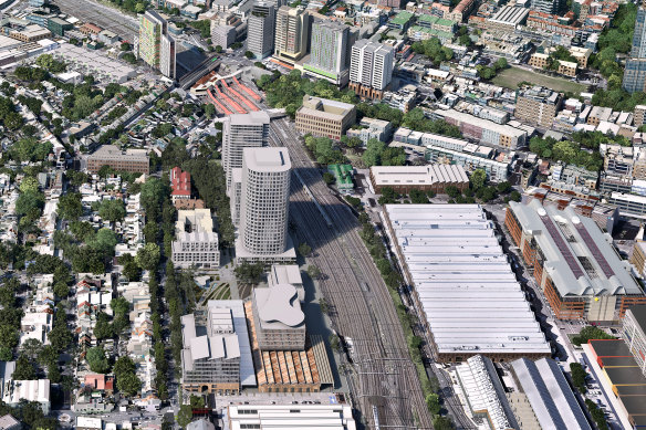 An artist’s impression of the redeveloped Paint Shop precinct, on the left, opposite Carriageworks.
