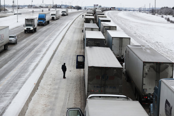 Vehicles at a standstill on a highway in Texas when winter storm Uri delivered historic cold weather and power outages in February 2021.