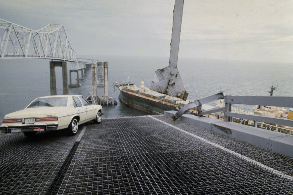 A car stopped just in time on the Sunshine Skyway Bridge, Florida after a ship struck the bridge in May, 1980.