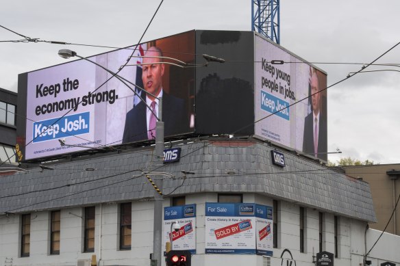 Josh Frydenberg faces a fight in Kooyong. Pictured are the Treasurer’s billboards at Kew Junction.