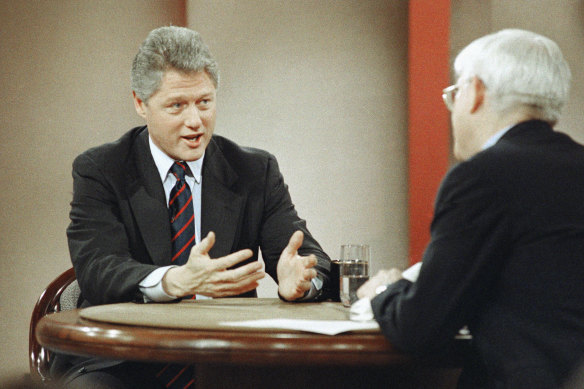 Democratic presidential hopeful Gov. Bill Clinton speaks on Donahue in 1992. 
