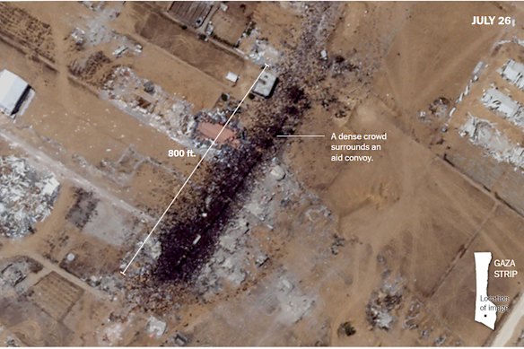 A satellite image over Gaza showing masses of people surrounding aid trucks on July 26.