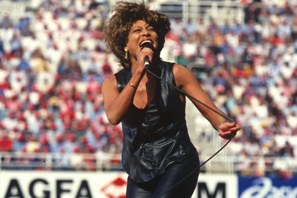 Tina Turner performing at the 1993 NRL grand final at Allianz Stadium. 