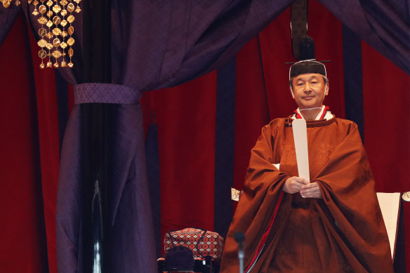 Emperor Naruhito attends a ceremony to proclaim his enthronement to the world, called Sokuirei-Seiden-no-gi, at the Imperial Palace in Tokyo.