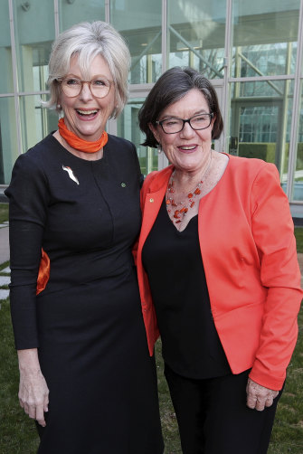 Indi MP Helen Haines (left) is congratulated by her predecessor, Cathy McGowan.