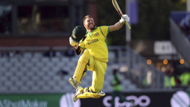 David Warner celebrates after scoring a century.