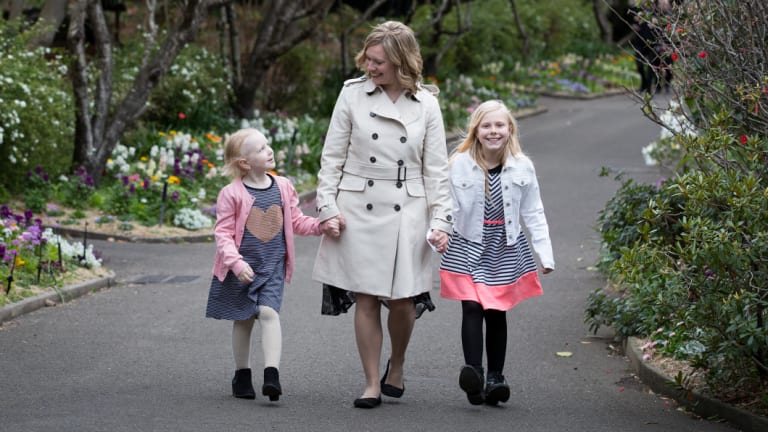 Sarah Weir with her daughters, Evie, 6, who died of cancer, and  her sister, Alicia, 8, in Sydney last year. 