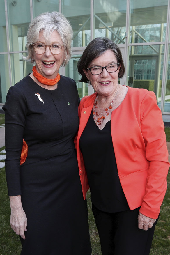 Indi MP Helen Haines (left) is congratulated by her predecessor, Cathy McGowan.