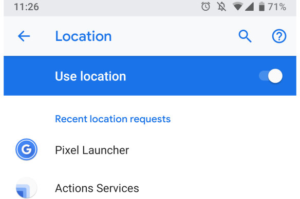 An example of the location setting on an Android phone. Toggling the option at the top will prevent the phone from being able to send location data entirely.