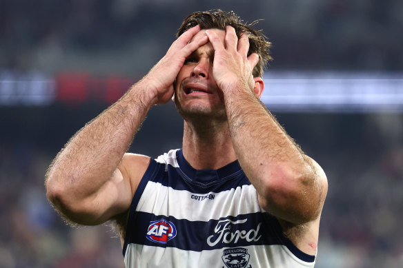 Tom Hawkins of the Cats looks dejected after losing to Melbourne.