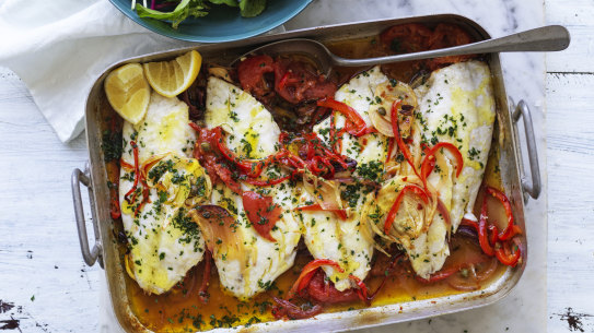Roasted snapper with fennel and tomato.