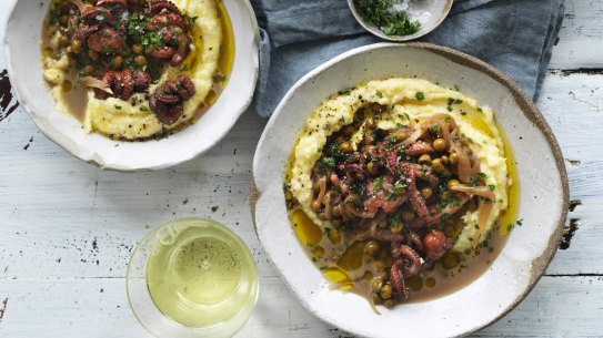 Baby octopus with riesling and peas.