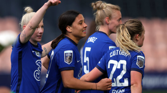 Sam Kerr celebrates her second goal.