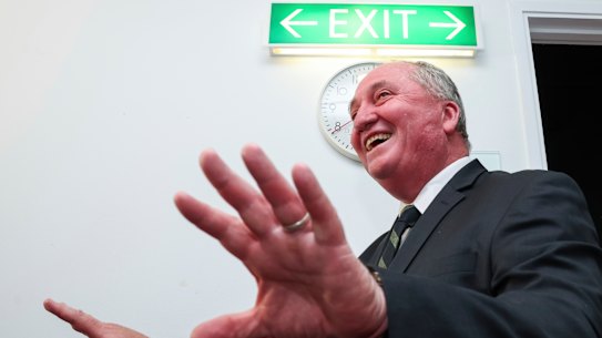 Barnaby Joyce arrives during a doorstop interview in the press gallery at Parliament House on Monday.