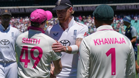 England captain Ben Stokes (centre) congratulates Steve Smith and Usman Khawaja after the final day of the 2025-26 Ashes series.