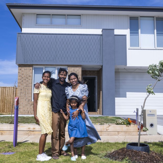 From left: Anushka Bharath, Bharath Chellayya, Gisha Bharath and Akansha Bharath outside their Manor Lakes home. They plan to move to Mambourin.