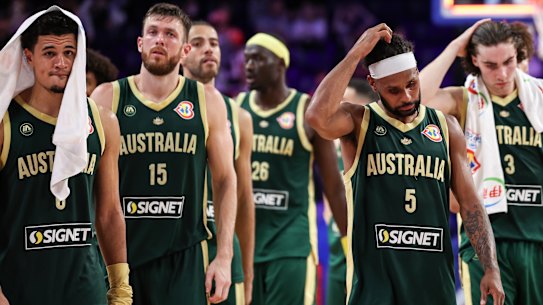 Boomers looking dejected after their loss to Slovenia at Okinawa Arena.