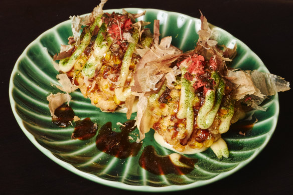 Tombo Den’s sweetcorn fritters take ideas from takoyaki and okonomiyaki.