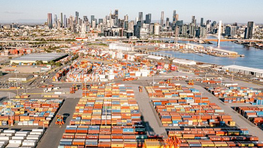 An aerial view of Swanson Dock East with the city skyline in the background.