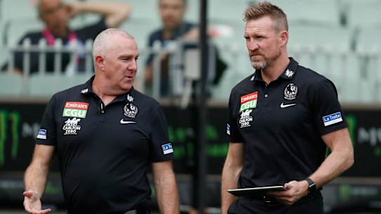 Collingwood GM of football Graham Wright and outgoing senior coach Nathan Buckley.